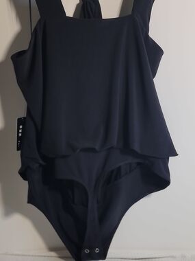 Express Black Ribbed One-Piece with Branded Neckline